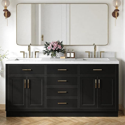 ARIEL Hepburn 72-inch Bathroom Vanity with Sink,Solid Wood, 1.5-inch Carrara White Quartz Countertop & Backsplash, Double Rectangular Porcelain Sink, 4 Soft Closing Doors, 6 Dovetail Drawers, Black