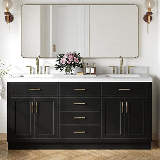ARIEL Hepburn 72-inch Bathroom Vanity with Sink,Solid Wood, 1.5-inch Carrara White Quartz Countertop & Backsplash, Double Rectangular Porcelain Sink, 4 Soft Closing Doors, 6 Dovetail Drawers, Black