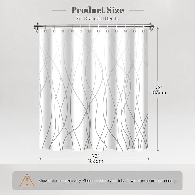 Striped Shower Curtain for Bathroom, Ombre Grey White, 72"W x 72"L | with Hooks, Modern Hotel Style, Water Repellent, Washable, Weighted Hem
