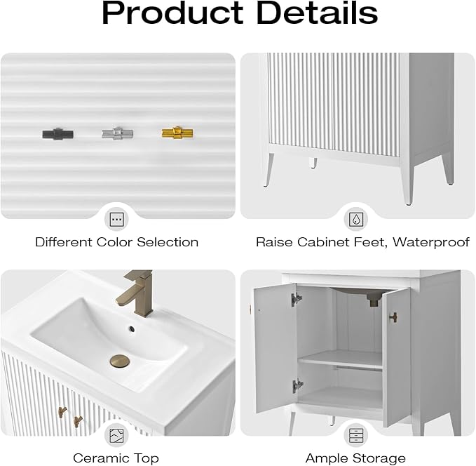 Vanity Art 30 inch Bathroom Vanity with Single Sink & Ceramic Top, Vanity Cabinet with Soft-Closing Door, Solid Wood Frame, Linear Pattern, White, Golden Brushed Handware VA9130-W-GB