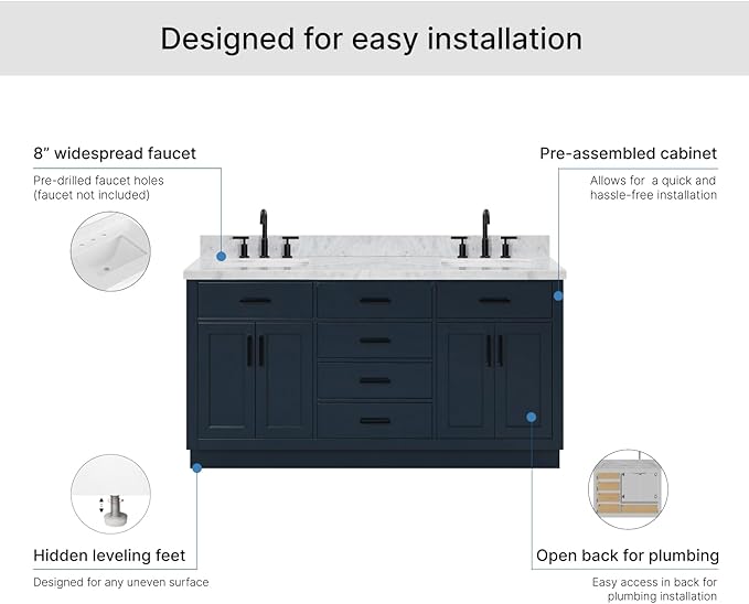ARIEL Hepburn 66-inch Bathroom Vanity with Sink,Solid Wood, 1.5-inch Italian Carrara Marble Countertop, Double Rectangular Porcelain Sink, 4 Soft Closing Doors, 6 Dovetail Drawers, Midnight Blue