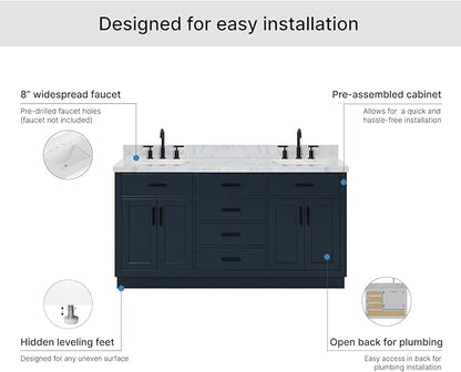 ARIEL Hepburn 66-inch Bathroom Vanity with Sink,Solid Wood, 1.5-inch Italian Carrara Marble Countertop, Double Rectangular Porcelain Sink, 4 Soft Closing Doors, 6 Dovetail Drawers, Midnight Blue