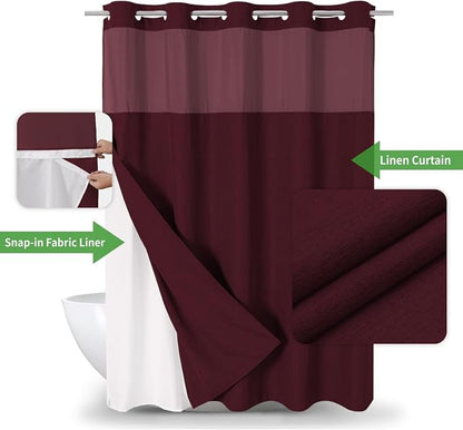 eachope No Hook Fabric Shower Curtain with Snap-in Liner,71x86 Burgundy | Extra Long,Linen Texture,230GSM Thick Fabric,Mesh Window,Bottom Magnetic,Waterproof & Machine Washable,for Bathroom,Hotel Use