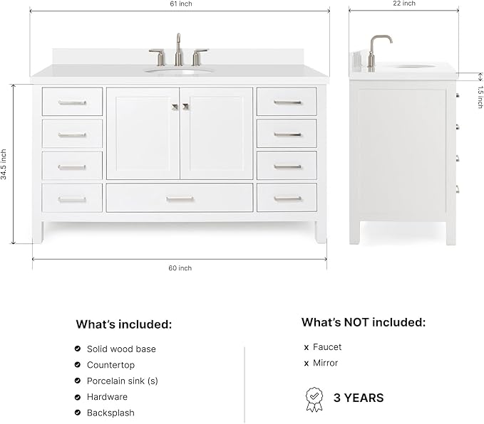 ARIEL Cambridge 60-inch Bathroom Vanity with Sink,Solid Wood, 1.5-inch Pure White Quartz Countertop & Backsplash, Single Oval Porcelain Sink, 2 Soft Closing Doors, 9 Dovetail Drawers, White