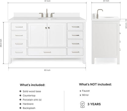 ARIEL Cambridge 60-inch Bathroom Vanity with Sink,Solid Wood, 1.5-inch Pure White Quartz Countertop & Backsplash, Single Oval Porcelain Sink, 2 Soft Closing Doors, 9 Dovetail Drawers, White