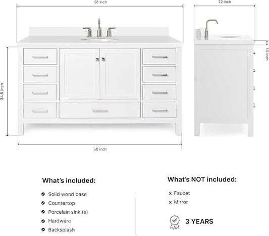 ARIEL Cambridge 60-inch Bathroom Vanity with Sink,Solid Wood, 1.5-inch Pure White Quartz Countertop & Backsplash, Single Oval Porcelain Sink, 2 Soft Closing Doors, 9 Dovetail Drawers, White