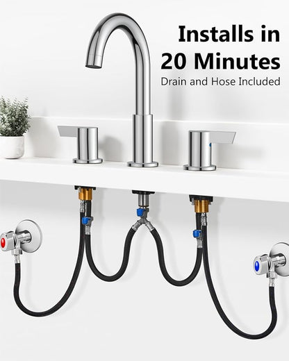 Polish Chrome Bathroom Faucet 3 Hole, 8 Inch Widespread 2-Handle | SUS304 Stainless Steel, 2-Handle Control, Pop-Up Drain, Supply Lines and Mounting Hardware for 8-Inch Widespread Vanity Sinks