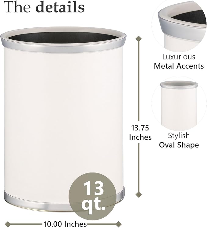 Kraftware Leatherette Wastebasket, 14", White with Brushed Chrome