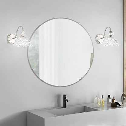1 Piece Brushed Nickel Wall Sconce with Floral Clear Glass Shade, Brushed Nickel Finish Wall Mount Lighting for Bathroom, Modern Bathroom Vanity Light Fixture