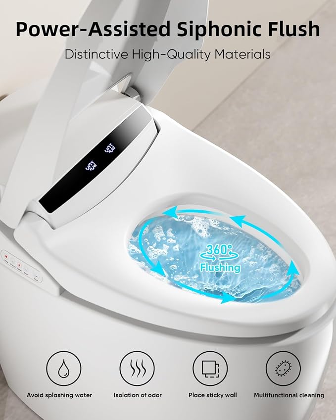 Smart Toilet with Bidet Built In with Warm Water Sprayer and Dryer | Foot Sensor Operation,Heated Seat toilet with LED Display for Bathroom,Auto Dual Flush