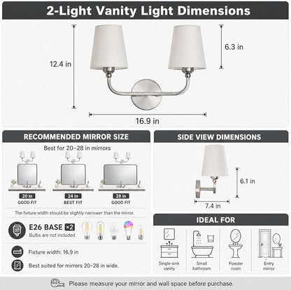 Bathroom Vanity Light Brushed Nickel Bathroom Lighting Fixtures Over Mirror | 2-Light Bathroom Light Fixtures with Flared White Fabric Shade, E26 Socket (ETL Listed)