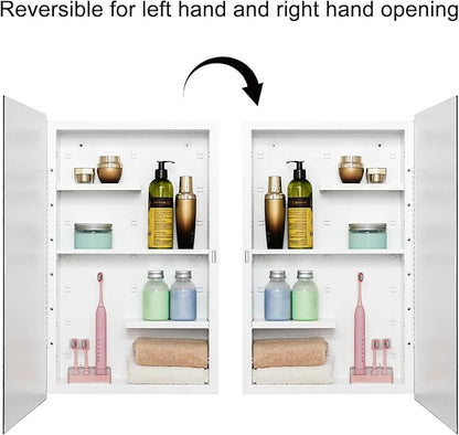 Fundin White Medicine Cabinet Recessed or Surface Mount, Bathroom Medicine Cabinet with 16 x 26 Beveled Mirror and Adjustable Staggered Shelves