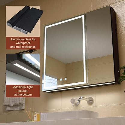 30x28 Inch Aluminum LED Bathroom Mirror Cabinet with Backlit Panel | Light Adjustment, Anti-Fog, Sockets&USBs, High Capacity, Easy to Install