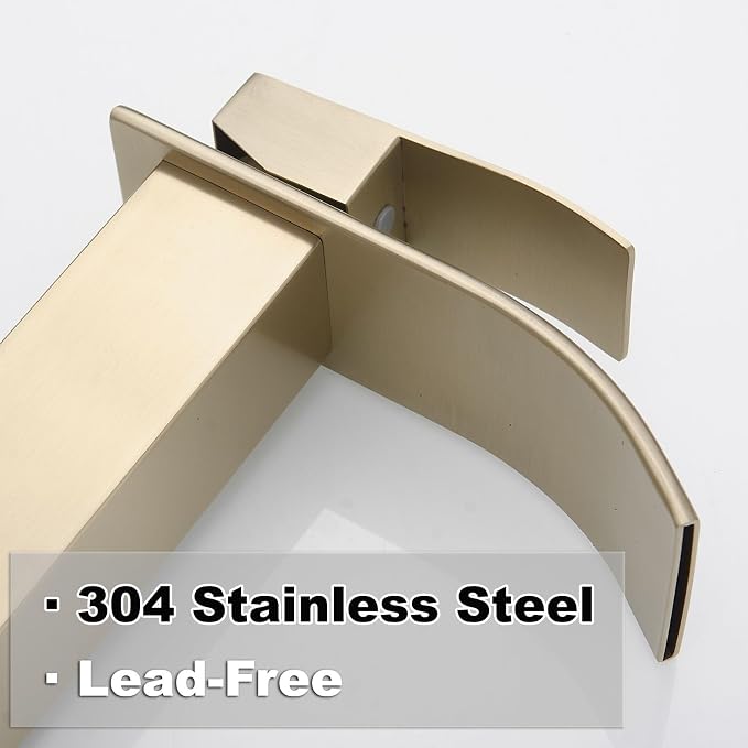 Gold Waterfall Bathroom Faucet Single Hole Single Handle | SUS 304 Stainless Steel,with Pop Up Drain Assembly & Deck Plate,Lavatory Rv Vanity Mixer Tap,3/8" Supply Hoses,Deck Mount