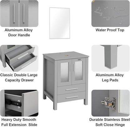 eclife 84" Modern Bathroom Vanity Sink Combo Freestanding Cabinet with Small Side Cabinet, Brown Boat Glass Vessel Sink, Water Save Faucet, Drain (Gray+A29BR)