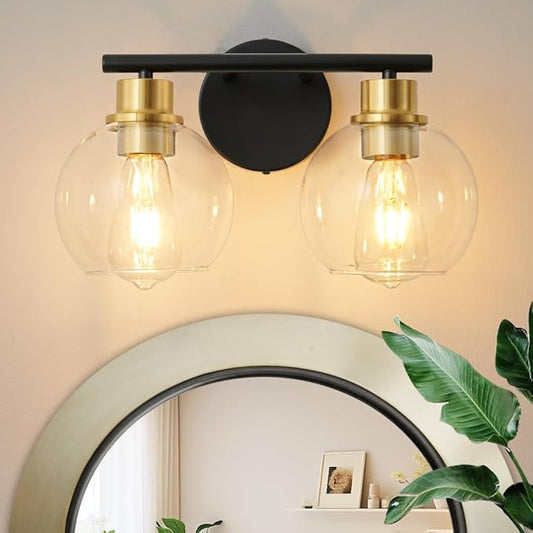 2-Light Bathroom Light Fixtures Black and Gold Vanity Light 13.8 inch Bathroom Lights Over Mirror with Clear Glass Globe Shade, Vanity Lights for Bathroom Kitchen Living Room