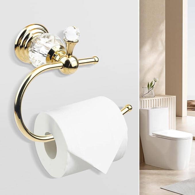Luxury Crystal Series Toilet Paper Holder Wall Mouted Towel Ring, Gold Round Hand Towel Rack Decorative 2 Pieces Sets for Bathrooms