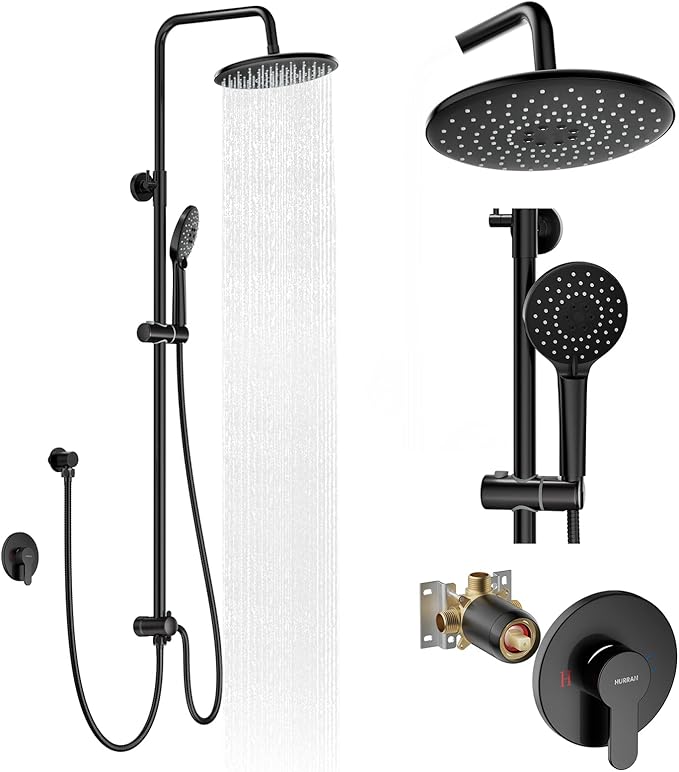 Hurran Shower System with 10 Inch Rain Shower Head and Handheld Sprayer, 3-Function Wall Mounted Bathroom Shower Faucet Set Height Adjustable Holder, Modern Shower Trim Kit Valve Included, Matte Black