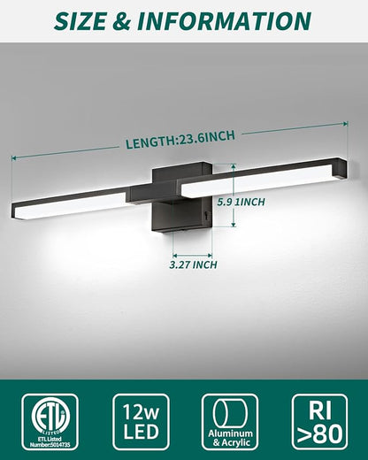OKELI Modern Bathroom Light Fixtures Over Mirror, 24 Inch Matte Black Vanity Light Bar for Bathroom, 12W 5CCT Diammable Wall Light