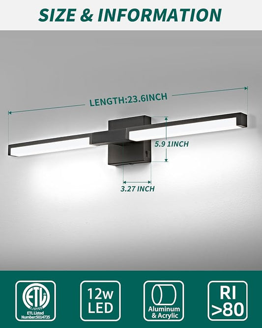 OKELI Modern Bathroom Light Fixtures Over Mirror, 24 Inch Matte Black Vanity Light Bar for Bathroom, 12W 5CCT Diammable Wall Light