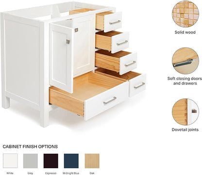 ARIEL Cambridge 36-inch Bathroom Vanity Base Cabinet,Solid Wood, 2 Soft Closing Doors, 5 Dovetail Drawers, White