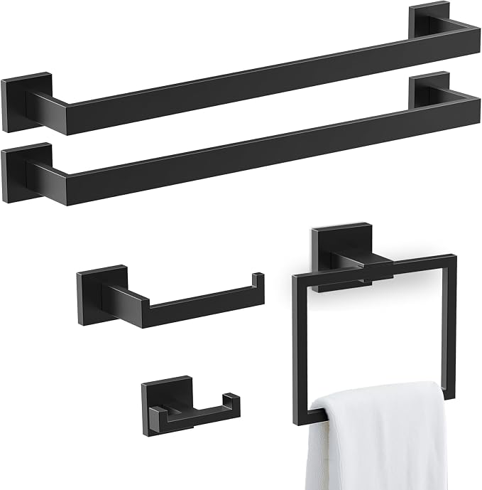 BOZWELL 5 Pieces Matte Black Bathroom Hardware Accessories Set Square Towel Racks for Bathroom 23.6 inch Stainless Steel Towel Bar Set Wall Mounted