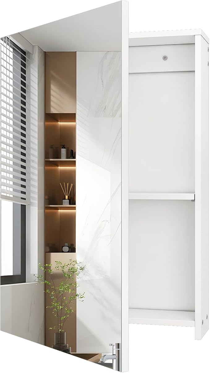 CHOEZON Bathroom Medicine Mirror Cabinet, 13.8'' x 19.7'', Wall-Mounted Bathroom Vanity with Mirror, Bathroom Medicine Cabinet with Storage Function, Hanging Storage Cabinet, Adjustable Shelves, White
