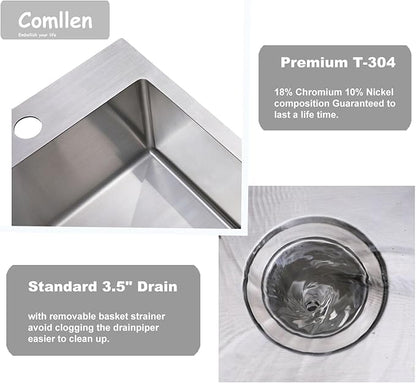 Comllen 15 x 15 inch Drop in Bar Sink, 18 Gauge Stainless Steel, 9 inch Deep, Brushed Nickel, Single Basin Small 15 Kitchen Sink for Outdoor Wet Bar Prep RV Yard Office Laundry Utility with Drainer