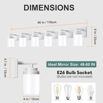 IZORRO Bathroom Vanity Light Fixture, 6-Light 46 Inch White Bathroom Light Fixtures Over Mirror, with White Glass Shade, Modern Farmhouse Vanity Lights, Rustic Restroom Lighting Fixtures