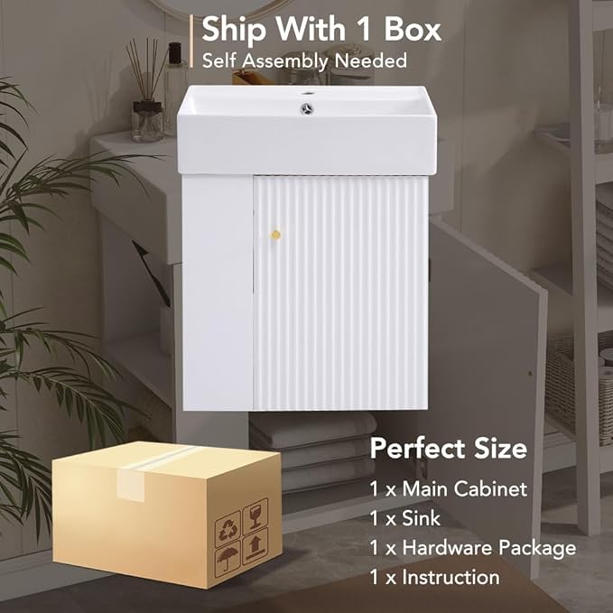 22" Small Bathroom Vanity with Sink, Floating Vanity for Bathrooms with Soft-Close Door and Open Shelf, Wall Mounted Narrow Bathroom Vanities for Compact Bathrooms (White,22" Floating Left Shelf)
