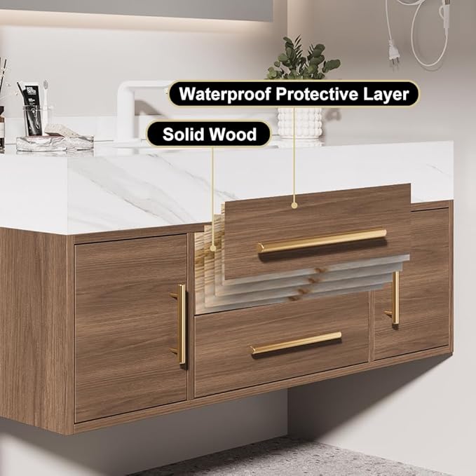 Bathroom Vanity with Sink 39.5" Floating Bathroom Vanity Sintered Stone Modern Bathroom Vanity Set, Walnut (Wall Mounted, Gold Handle)