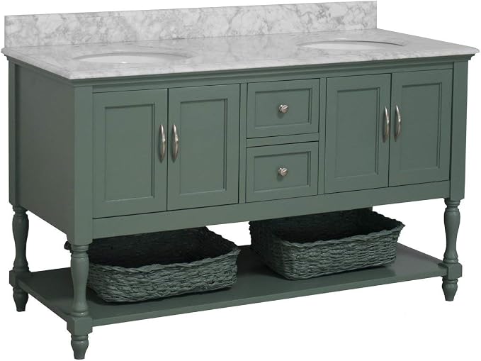 Beverly 60-inch Double Bathroom Vanity (Carrara/Sage Green): Includes Sage Green Cabinet with Authentic Italian Carrara Marble Countertop and White Ceramic Sinks