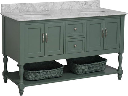 Beverly 60-inch Double Bathroom Vanity (Carrara/Sage Green): Includes Sage Green Cabinet with Authentic Italian Carrara Marble Countertop and White Ceramic Sinks