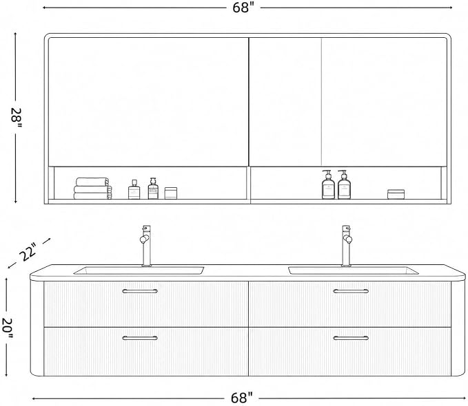 68 in Double Bathroom Vanity with Sinks - Modern Floating Bathroom Vanity with Solid Wood Cabinet, Anti-Fog Mirror and Integrated Stone Sinks | Wall Mounted Design | Ample Storage