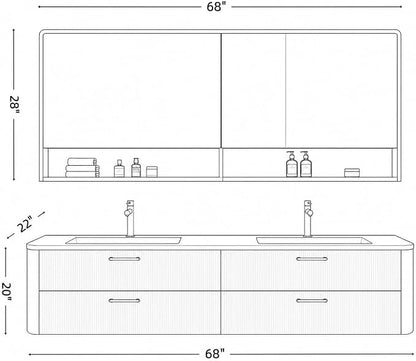 68 in Double Bathroom Vanity with Sinks - Modern Floating Bathroom Vanity with Solid Wood Cabinet, Anti-Fog Mirror and Integrated Stone Sinks | Wall Mounted Design | Ample Storage