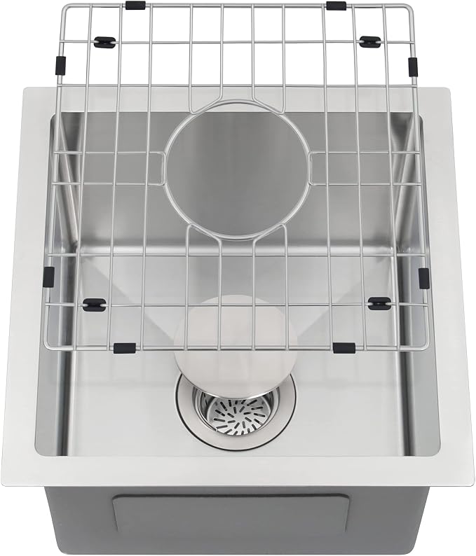 LQS 15 x 15 Undermount Bar Sink, 16 Gauge Stainless Steel, 10-Inch Deep | 10-Inch Deep Undermount Wet Bar Sink 16 Gauge Stainless Steel, Ideal for Bars, Prep Areas and Compact Kitchens
