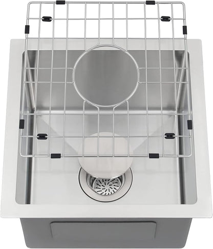 LQS 15 x 15 Undermount Bar Sink, 16 Gauge Stainless Steel, 10-Inch Deep | 10-Inch Deep Undermount Wet Bar Sink 16 Gauge Stainless Steel, Ideal for Bars, Prep Areas and Compact Kitchens