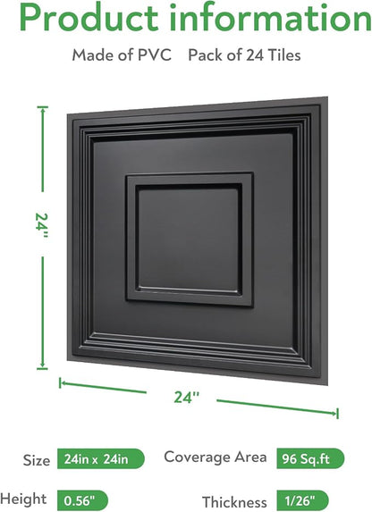 STICKGOO Black Drop Ceiling Tile 2ft x 2ft, Ceiling Panel High-Grade PVC Coverings 24 x 24in - 24 Pack Cover 96 Sq. Ft