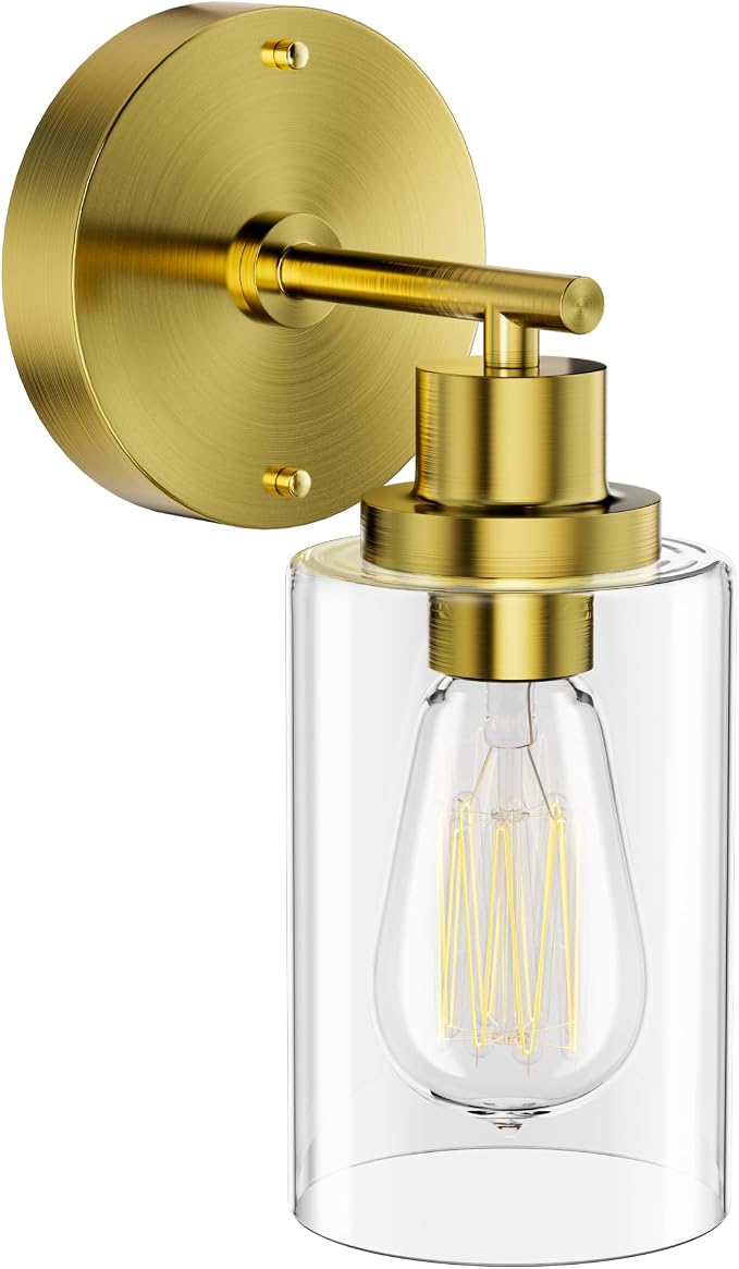 Bathroom Wall Sconce with Clear Glass Shade, Brushed Gold Vanity Light | E26 Bulb Base, Clear Glass Shade, Modern Wall Light Fixture for Mirror, Bedroom, Hallway, Wall Lamp Wall Mount Light