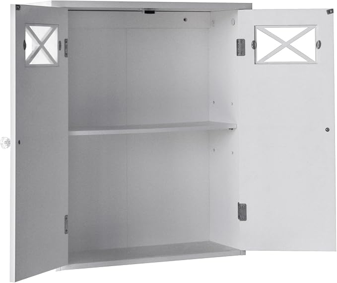 Teamson Home Dawson Wooden Over The Toilet Bathroom Removable Wall Medicine Cabinet with 1 Adjustable Shelf 2 Storage Spaces 2 Cross Molding Doors and Crystal-Cut Knobs, White | 2 Doors, Floor Mount, Open Shelf, Crystal-Cut Knobs