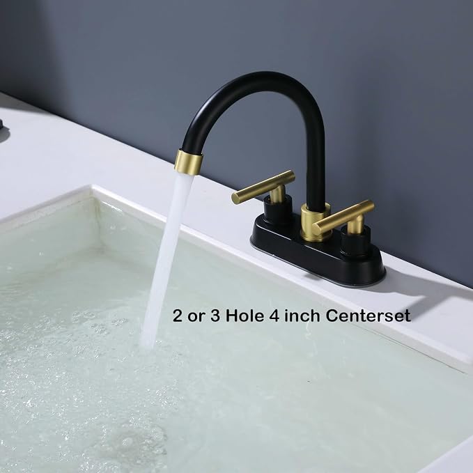 Bathroom Faucet Black and Gold, 2 Handle 4 Inch Centerset Bathroom Sink Faucet with Pop Up Drain, Modern RV Vanity Sink 2 or 3 Hole Mount