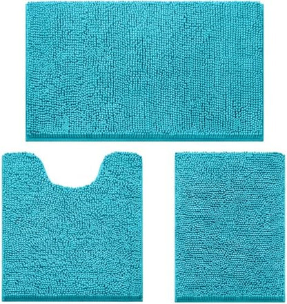 HOMEIDEAS Teal Blue Chenille Bathroom Rugs Set of 3, Non Slip Bath Mat
