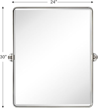 Farmhouse Pivot Rectangle Bathroom Mirror Brushed Nickel Metal Framed Tilting Beveled Vanity Mirrors for Wall, Overall 27.91x 30 inches (Mirrror 24 x 30 inches)