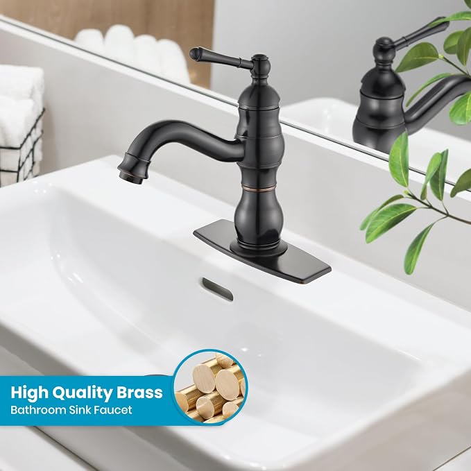 gotonovo Bathroom Faucet 1 Hole Vintage,Oil Rubbed Bronze,5.9” Spout Reach | Bathroom Sink Faucet for 1 or 3 Hole Single Handle,Deck Plate,360° Swivel Spout,Pop Up Drain,cUPC Supply Hoses,for Vanity RV