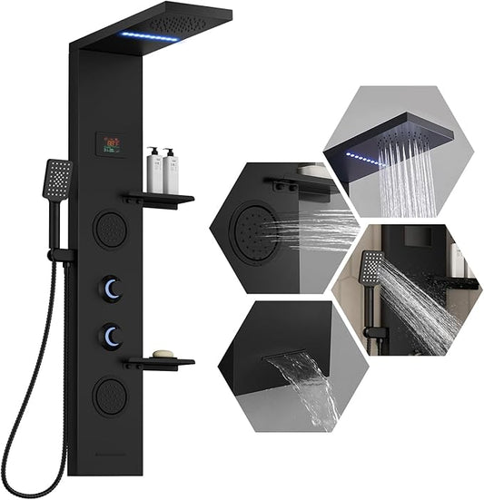 Homevacious 4 In 1 Shower Panel Shelf LED Rainfall Shower Head and Adjustable Massage Body Jets 3-Functions with Handheld Shower Tub Spout Stainless Steel Bathroom Shower Fixtures Matte Black