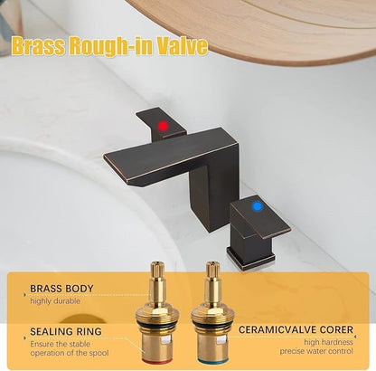 BESy Bronze Waterfall Bathroom Faucets 3 Hole Square 8 Inch Widespread Bathroom Sink Faucet Vanity 2 Handle Widespread for Restroom Sink with Pop Up Drain cUPC Supply Hose Oil Rubbed Bronze