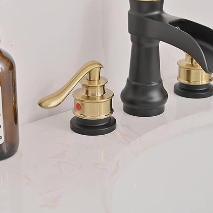 BWE Black and Gold Widespread Bathroom Faucet 3 Hole 8 Inch 2 Handles Commercial Bathroom Sink Faucet with Brass Pop Up Drain Stopper and Supply Lines Bath Vanity Lavatory Mixer Tap