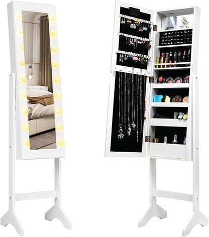 Moccha 18 LEDs Standing Jewelry Armoire, Large Lockable Jewelry Organizer, Mirrored Jewelry Cabinet with Full Length Mirror, 1 Inside Makeup Mirror, 4 Storage Shelves, 16 Lipstick Holders, White