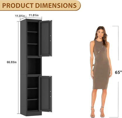Tall Metal Narrow Bathroom Storage Cabinet 67" H, Tall Black Pantry Cabinets with 4 Adjustable Shelves and 2 Doors for Kitchen, Home Office, Living Room, Dining Room(11.8 inches Wide)