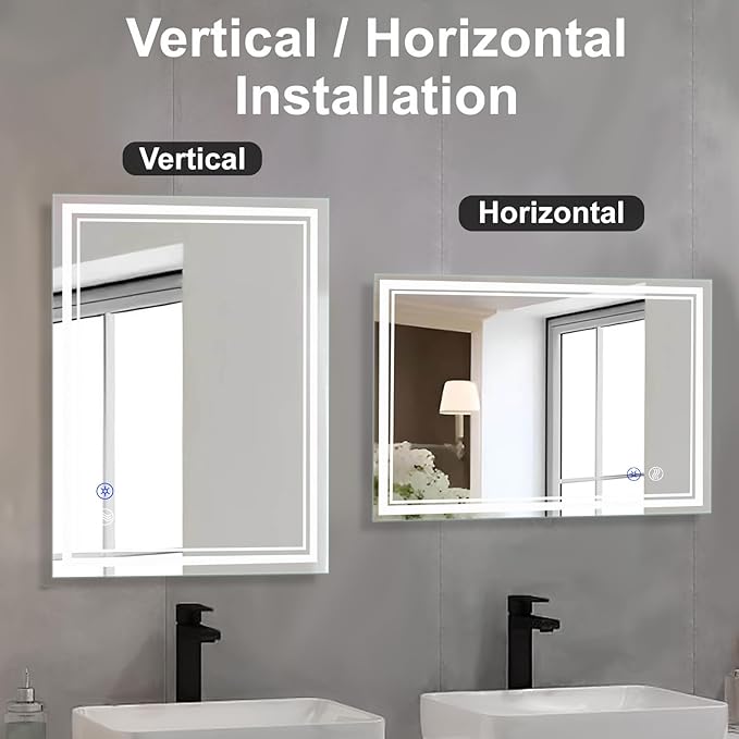 SaniteModar Bathroom Mirror with Lights 40x32 in, Led Mirror for Bathroom, Led Bathroom Mirror, 3 Color Dimmable, Anti Fog, Touch Button, CRI90+, Horizontal/Vertical